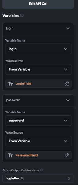 Add login values to LoginAPI and pass result to loginResult variable