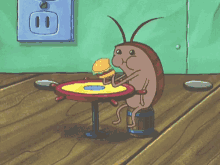 A cockroach sits at a table in the Krusty Krab, happily eating a Krabby Patty