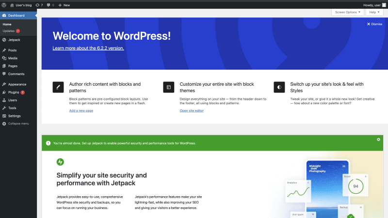 Wordpress dashboard