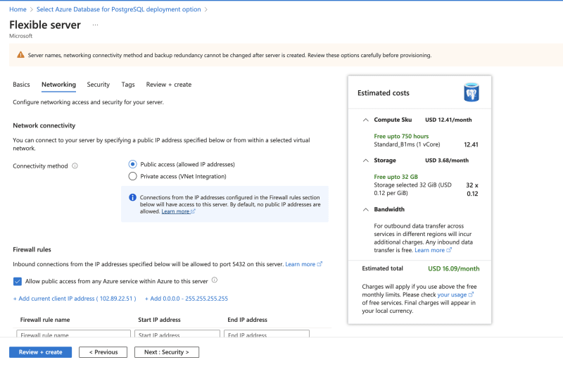 Creating Azure PostgreSQL Database - Flexible Server Networking