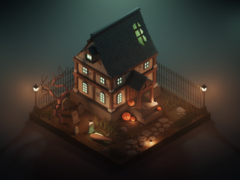 genuine looking haunted house in a 3D view very smooth surfaces and with the roof caved in like ghosts got into it, with a spooky vibe of fog and dark lighting!