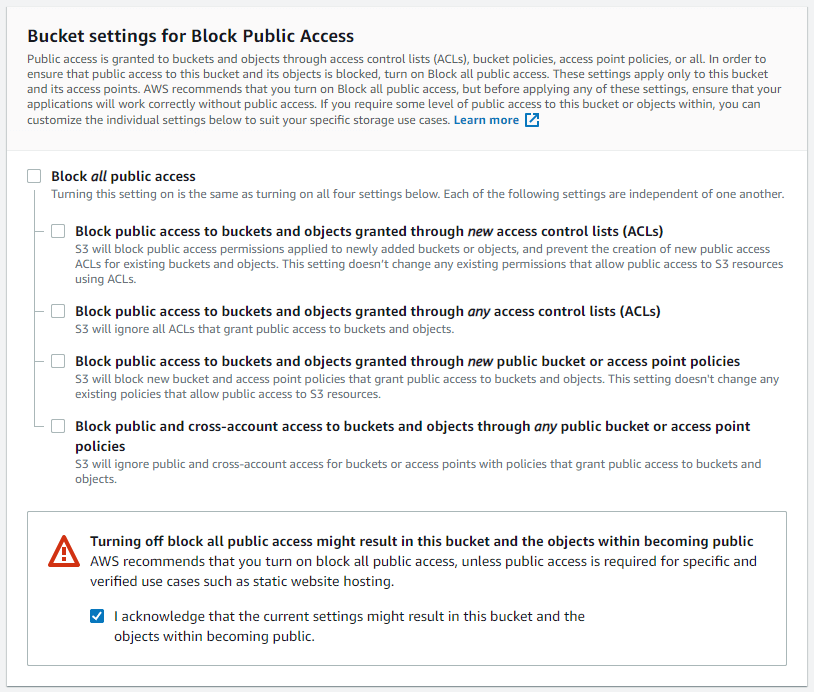 AWS settings panel for public access