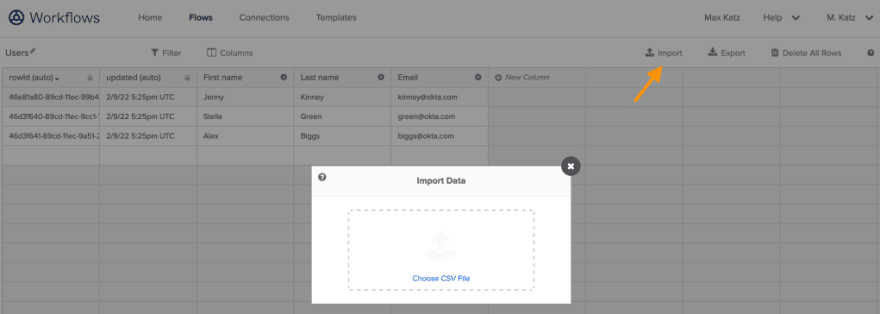 Import CSV file from table page