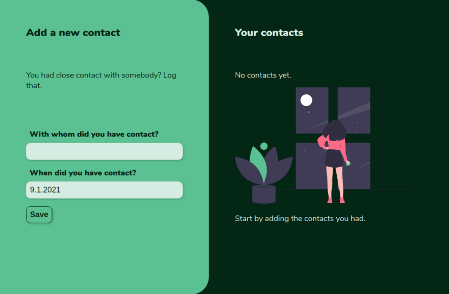 If nothing was entered yet, Covtact greets the users with a nice illustration of a woman looking through a windo at the dark sky