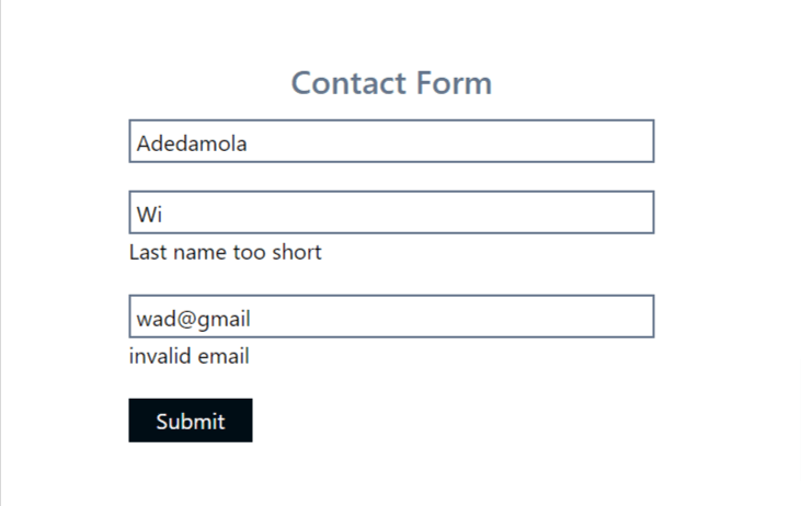 Error image of an invalid email input field of a react form
