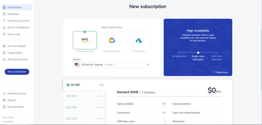 New subscription select region