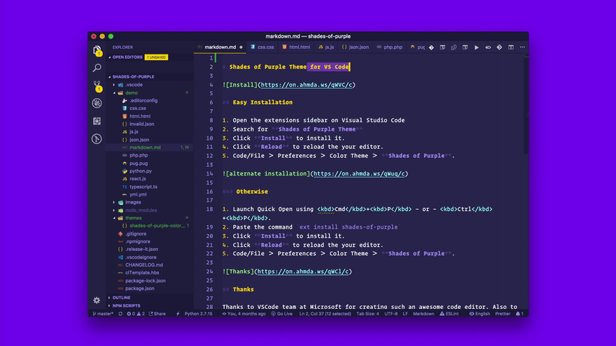 Shades of Purple theme for VsCode