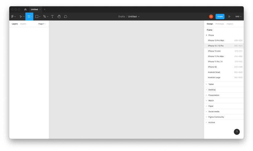 Frame tool highlighted on the left and "iPhone 13 / 13 Pro" on the right