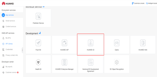 Huawei console showing to click on Huawei ID