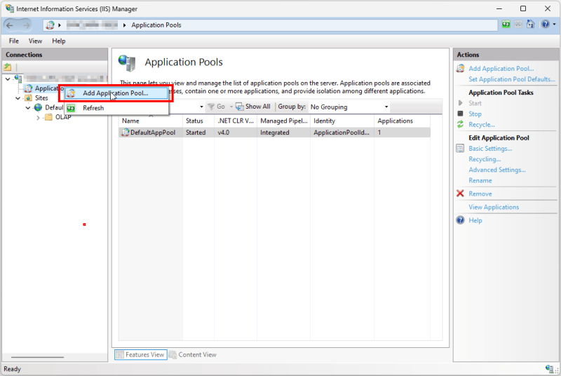 Right-click and add App Pool.