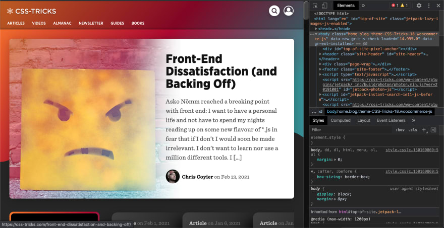The CSS tricks home page opened up on chrome dev tools elements tab