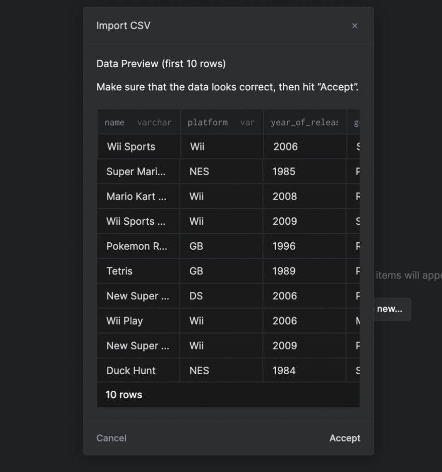csv data import preview