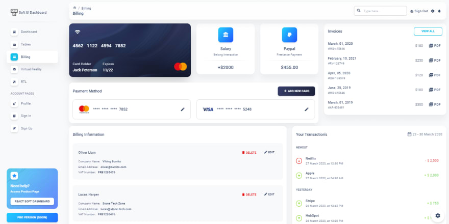 Node JS React Soft Dashboard - Billing Page