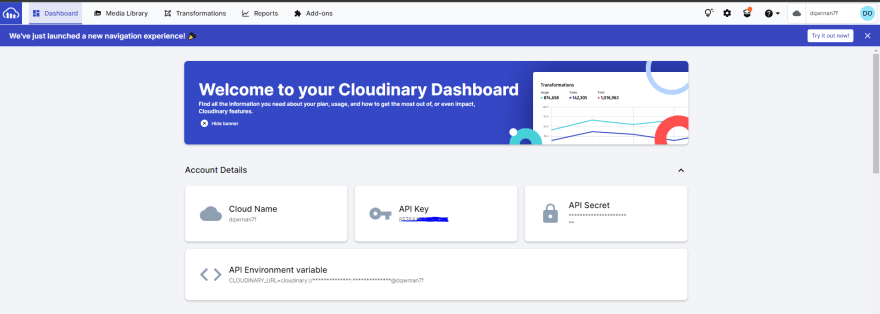 Our Cloudinary dashboard with our information