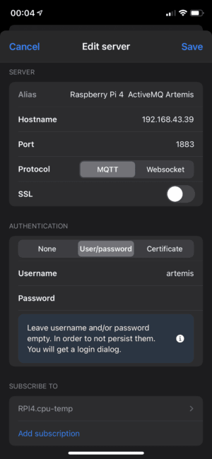 Figure 17 - MQTT Analyzer Connection Settings