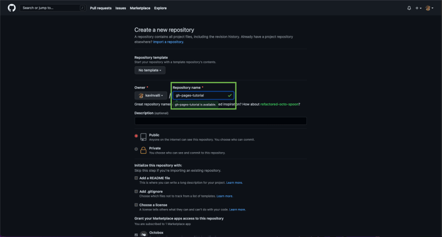 Create repository input repo name