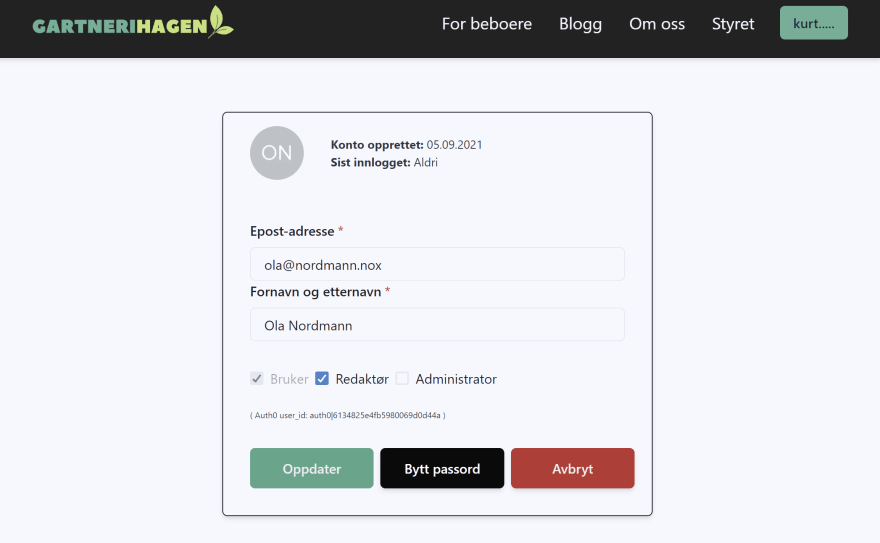 Screenshot, user has been created.