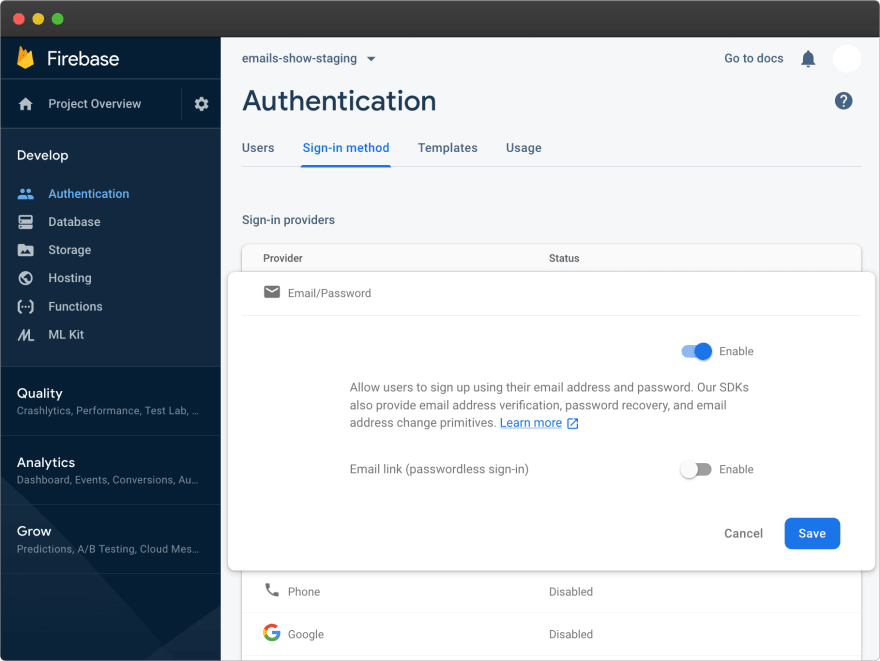 Firebase – auth enable