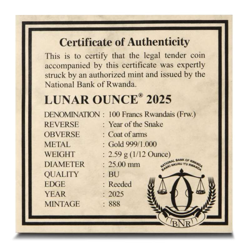Buy 2025 1/12 oz Rwandan Gold Lunar Snake Coin (BU) | BullionMax ™