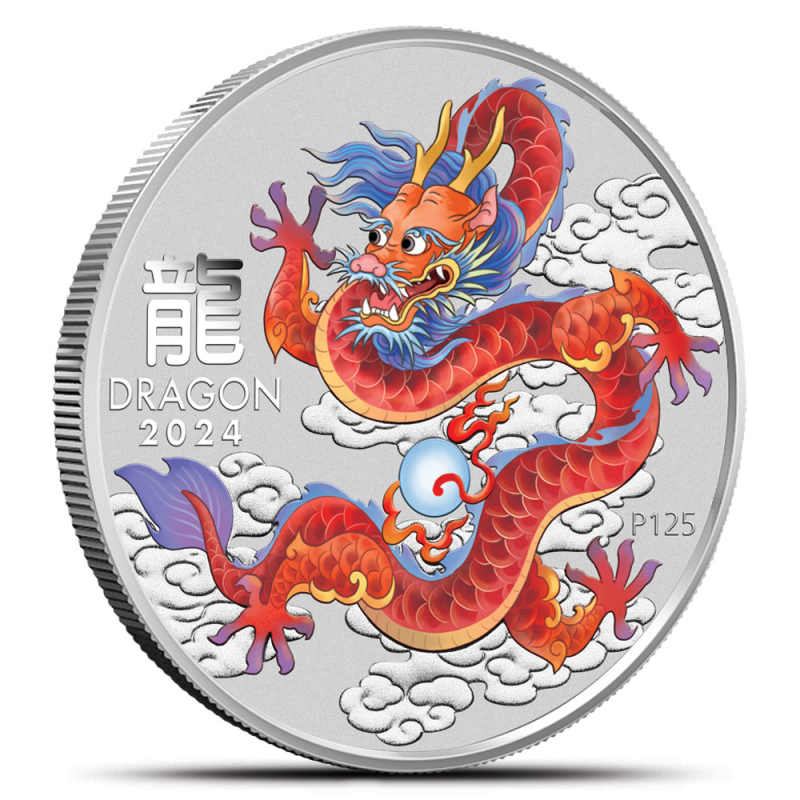 くまごろう様8【1848】麒麟 ブルーアベンチュリン Buy 2024 1/2 oz Colorized Australian Silver Lunar Red Dragon Coin
