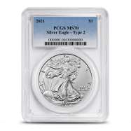 2021 American Eagle 1 oz Silver Coin PCGS MS70 Type 2, Blue Label
