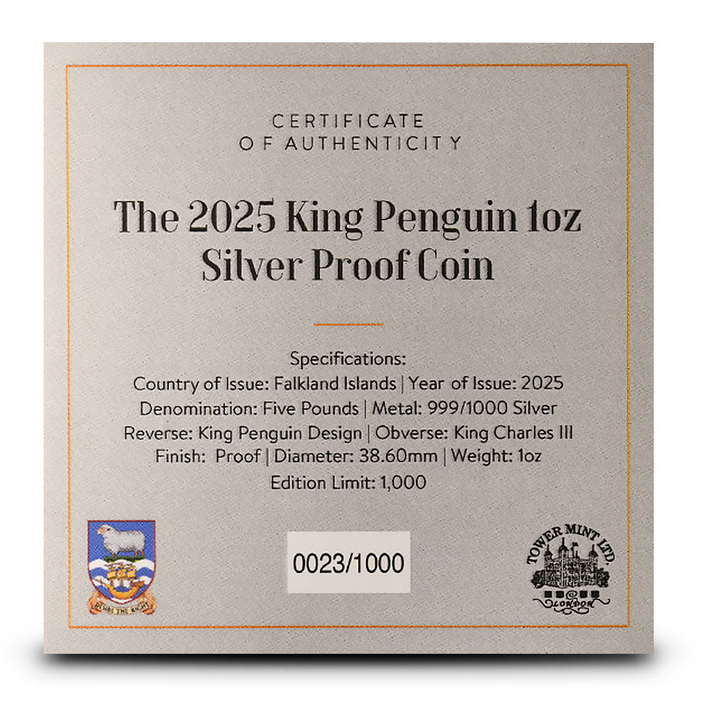 2025 Proof Falkland Islands King Penguin 1 oz Silver Coin