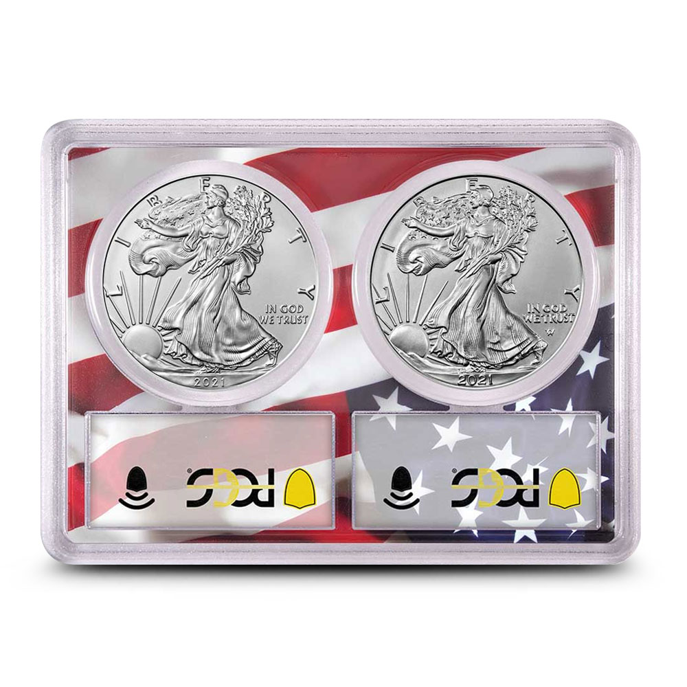 2021 American Eagle 1 oz Silver 2-Coin Set PCGS MS70 FS Flag Label