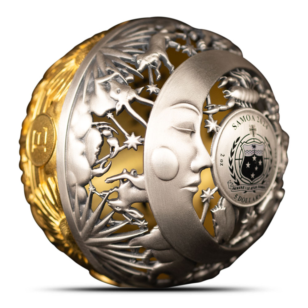2024 Antique Samoa Filigree Spherical Sun and Moon Silver Coin