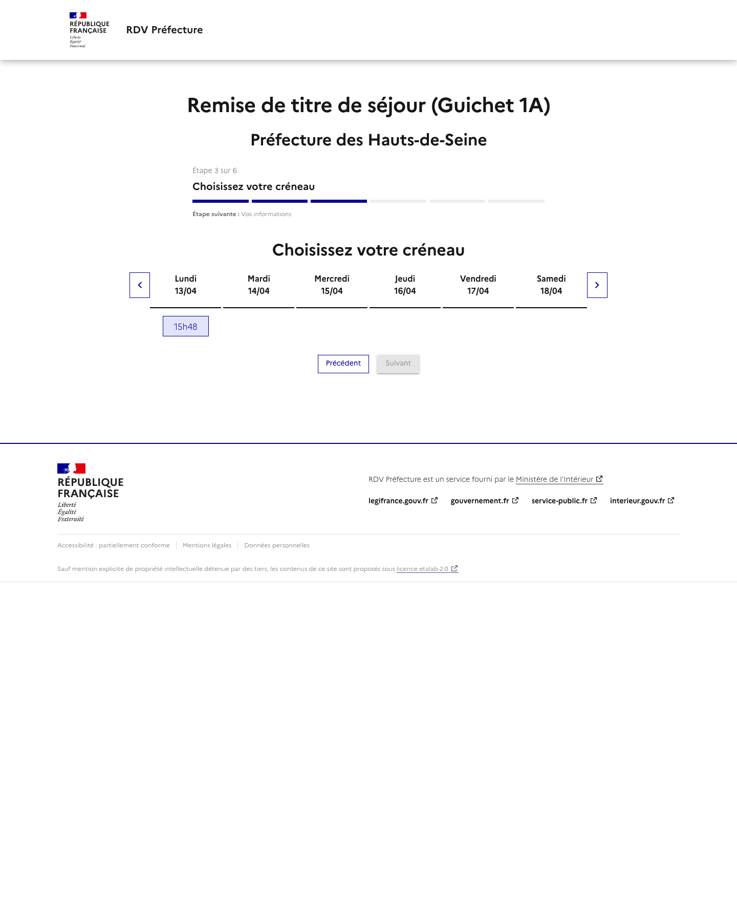 Créneau disponible Remise de titre de séjour (Guichet 1A) préfecture de Nanterre