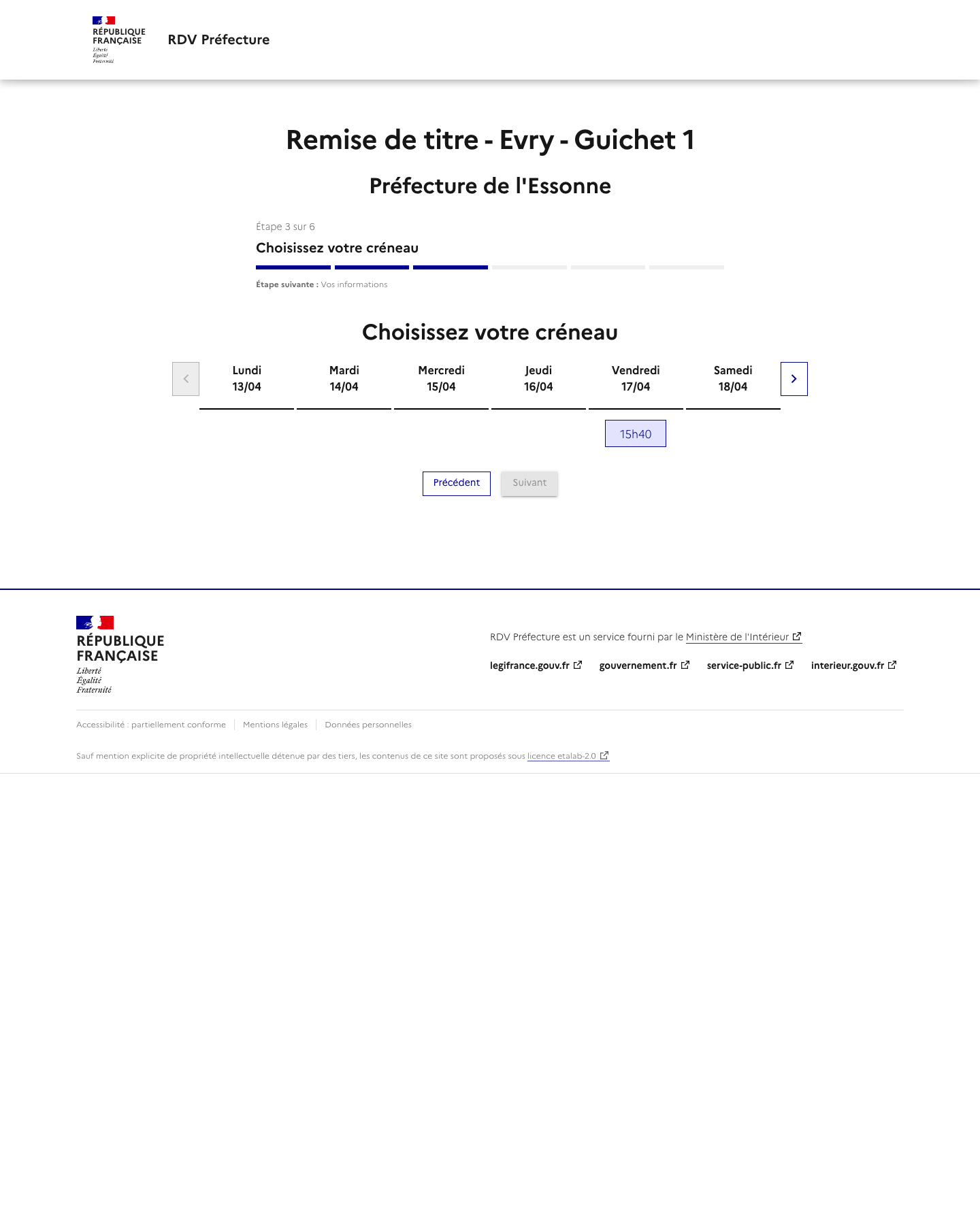 Créneau disponible Remise de titre - Evry - Guichet 1 préfecture de Evry
