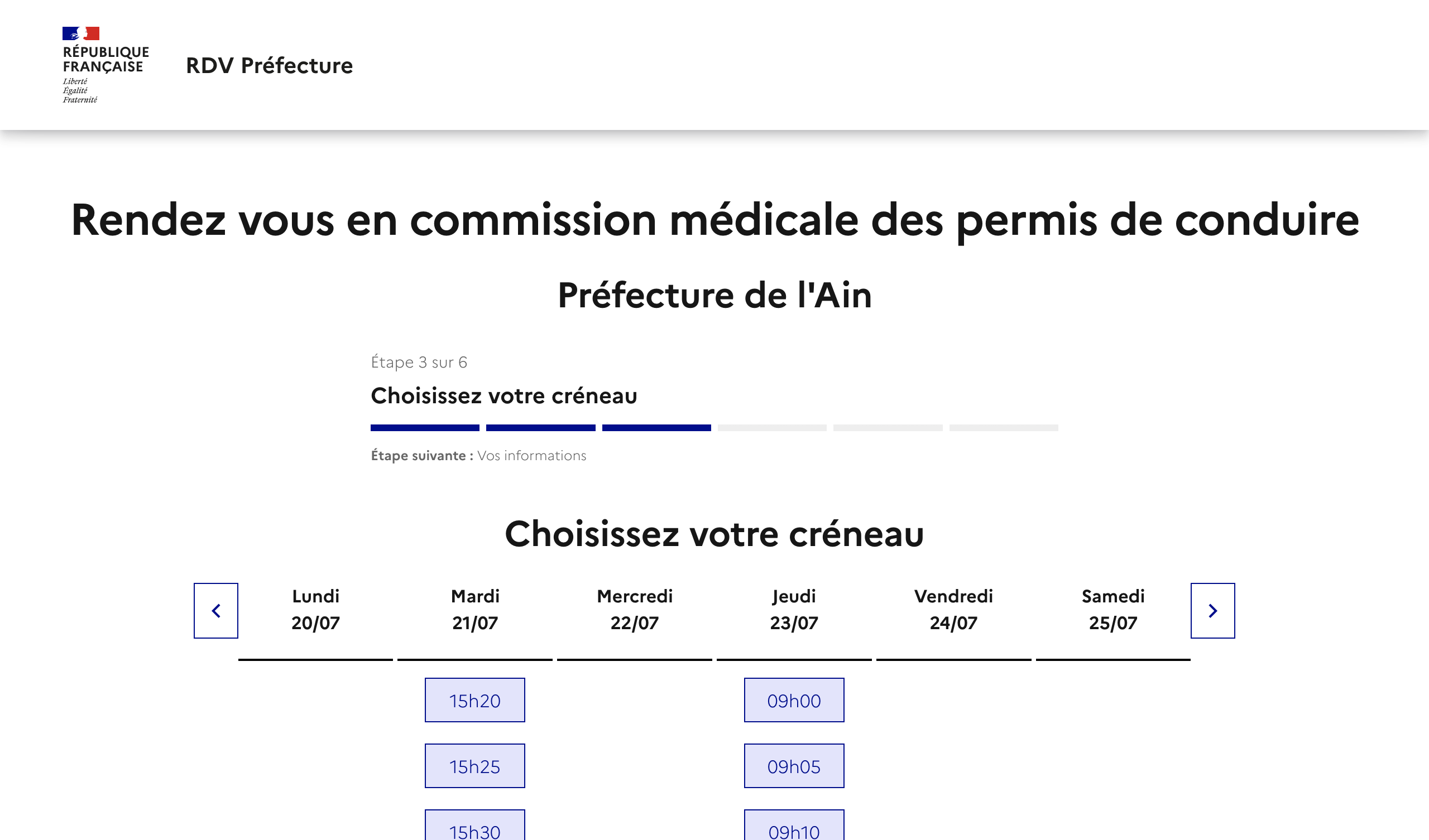 Créneau disponible Commission médicale en préfecture de l'Ain (permis de conduire) préfecture de Ain