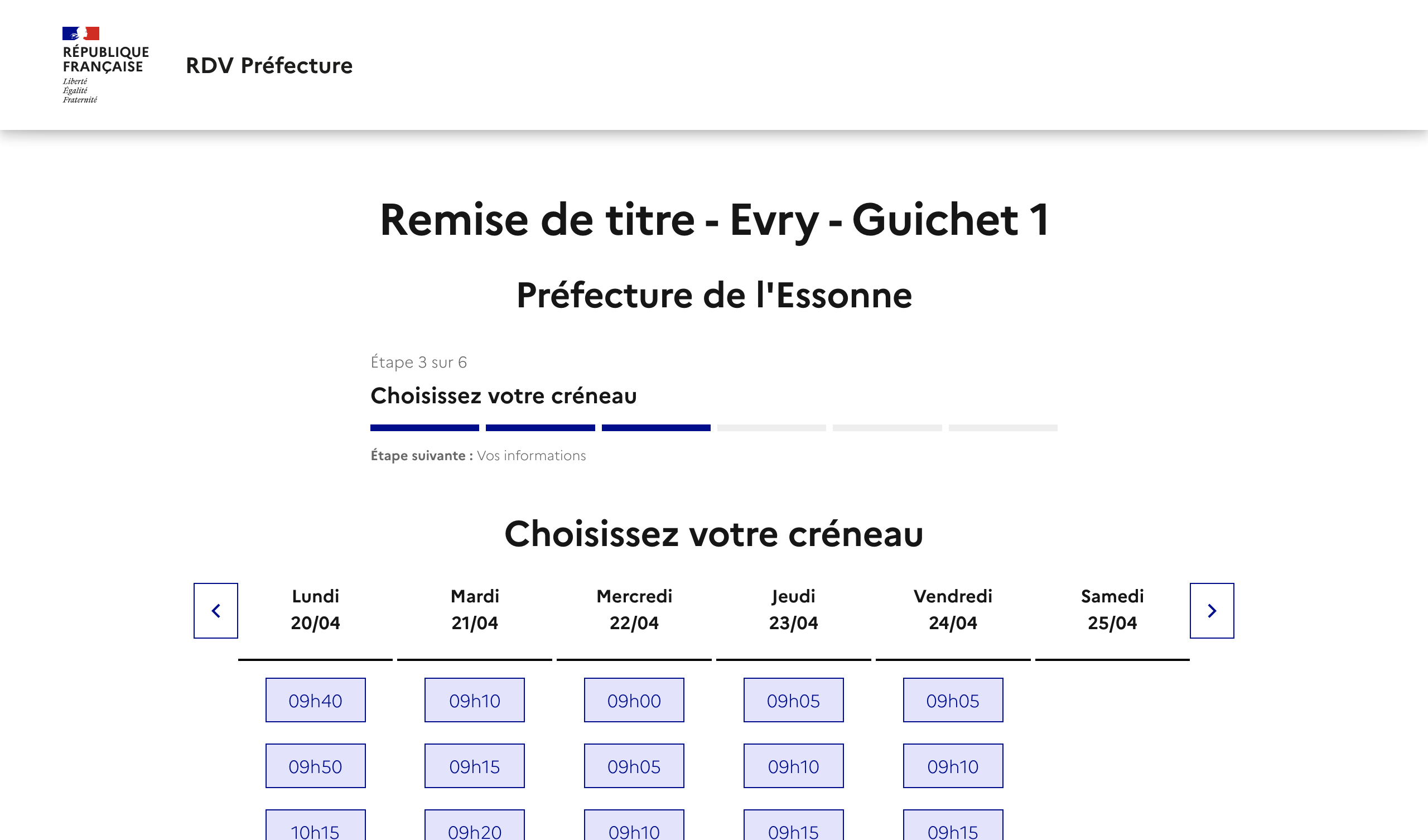 Créneau disponible Remise de titre - Evry - Guichet 1 préfecture de Evry