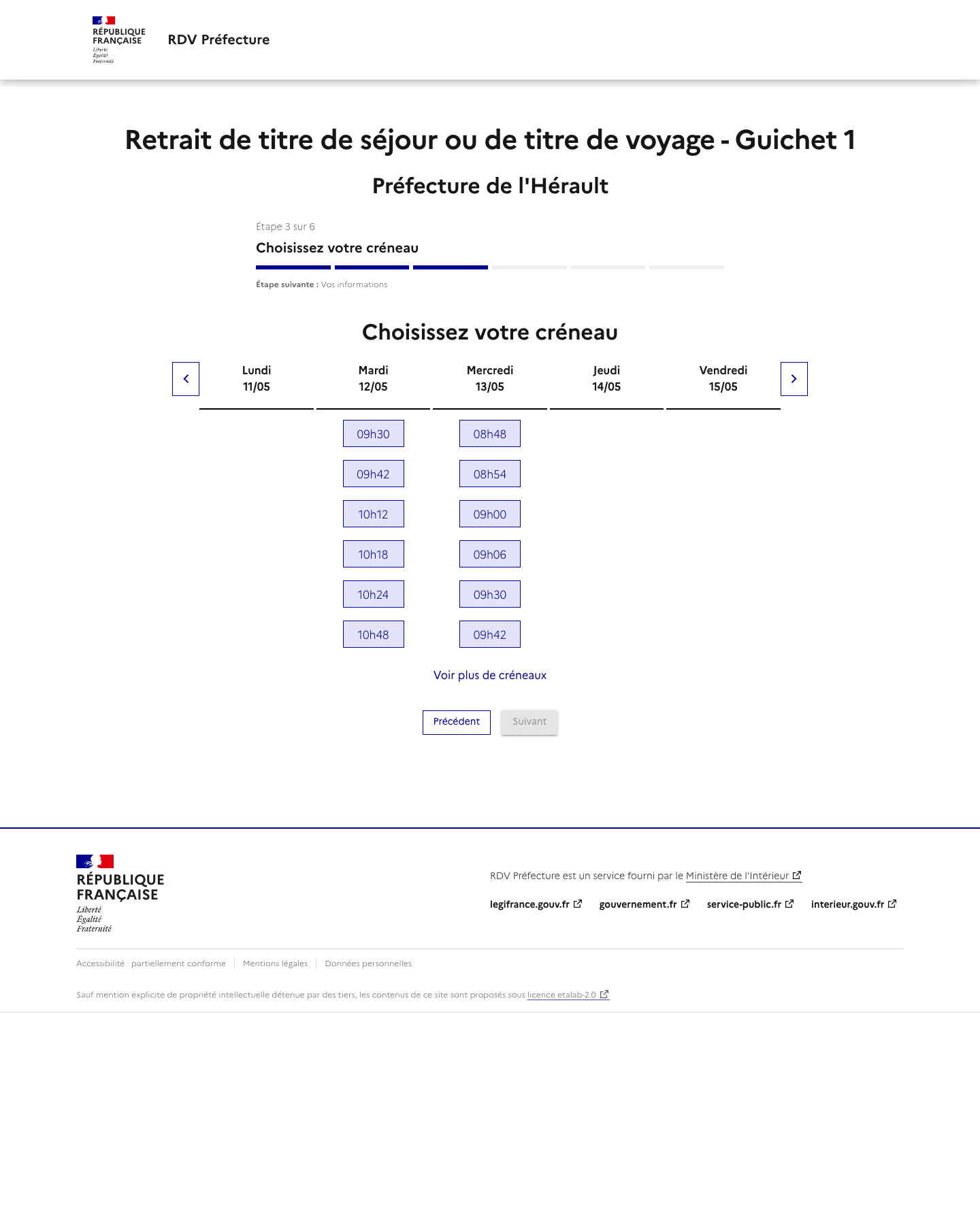 Créneau disponible Retrait de titre de séjour ou de titre de voyage - Guichet 1 préfecture de Montpellier