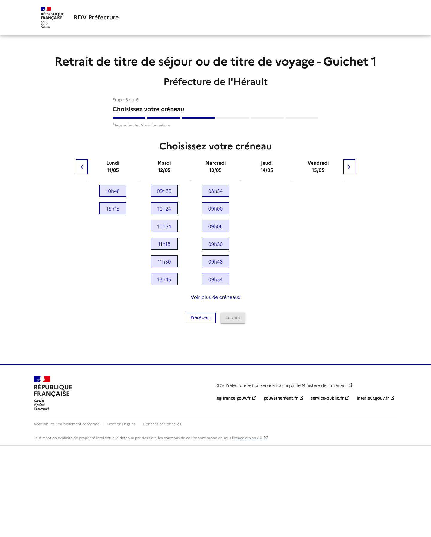 Créneau disponible Retrait de titre de séjour ou de titre de voyage - Guichet 1 préfecture de Montpellier