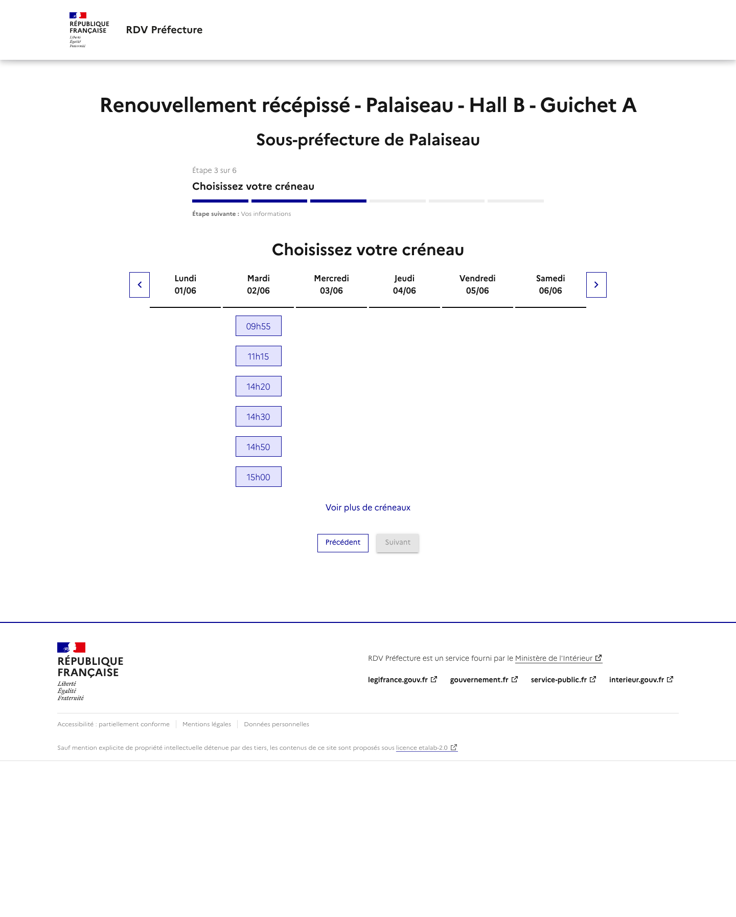 Créneau disponible Renouvellement de récépissé ou prise d'empreintes - Guichet A préfecture de Palaiseau