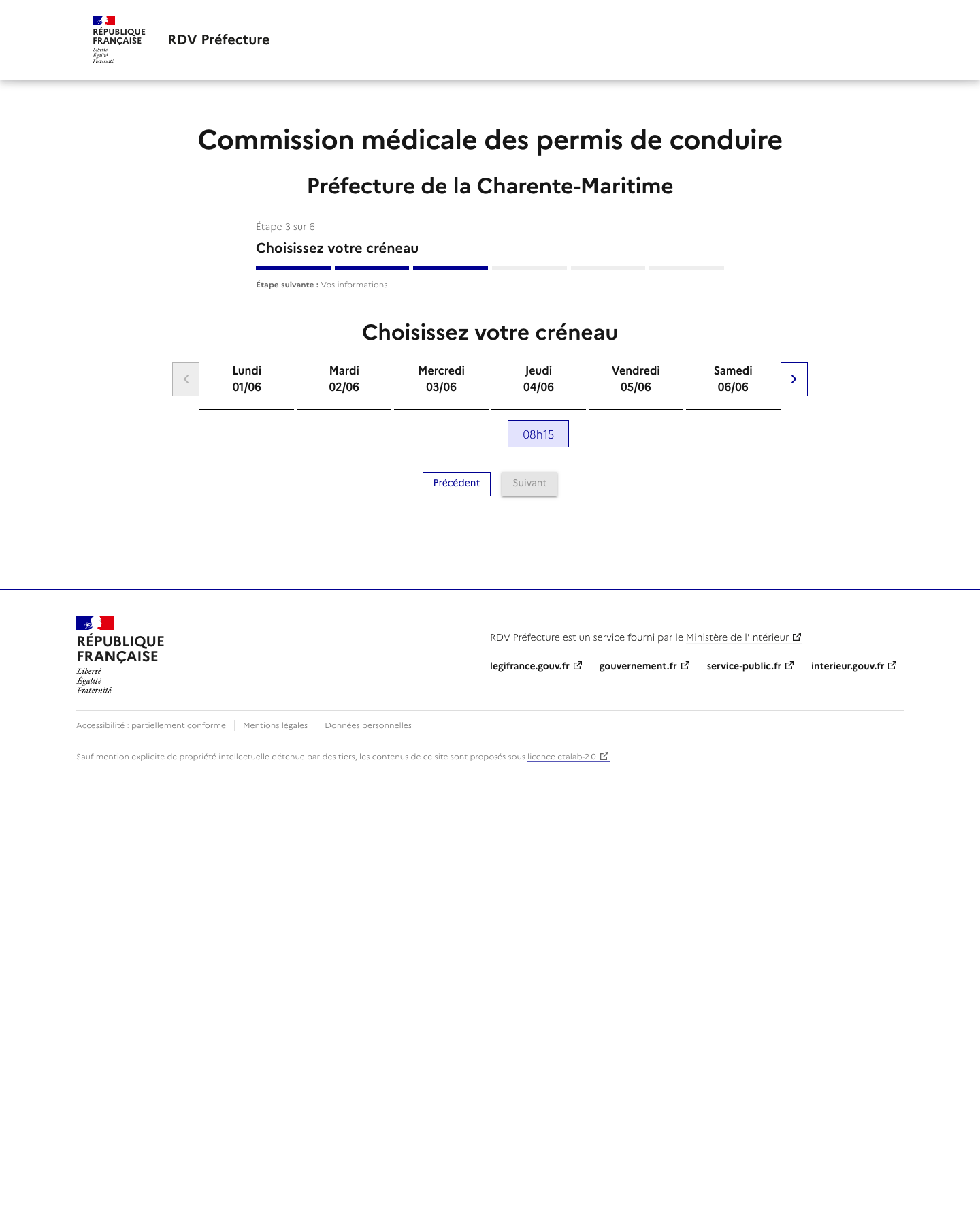 Capture d'écran RDV disponible Commissions médicales pour les permis de conduire (arrondissements de La ROCHELLE et de ROCHEFORT) 03/06/2026 06:53