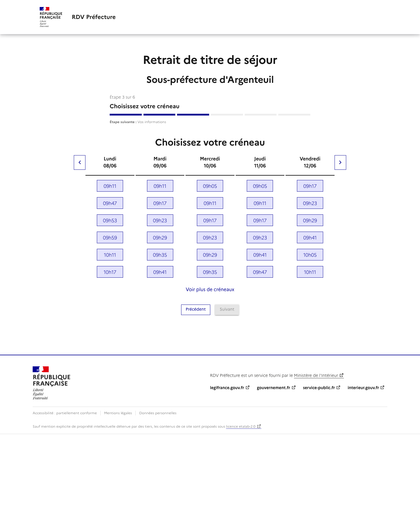 Capture d'écran RDV disponible Remise de titre de séjour - Arrondissement d'Argenteuil 05/06/2026 09:50