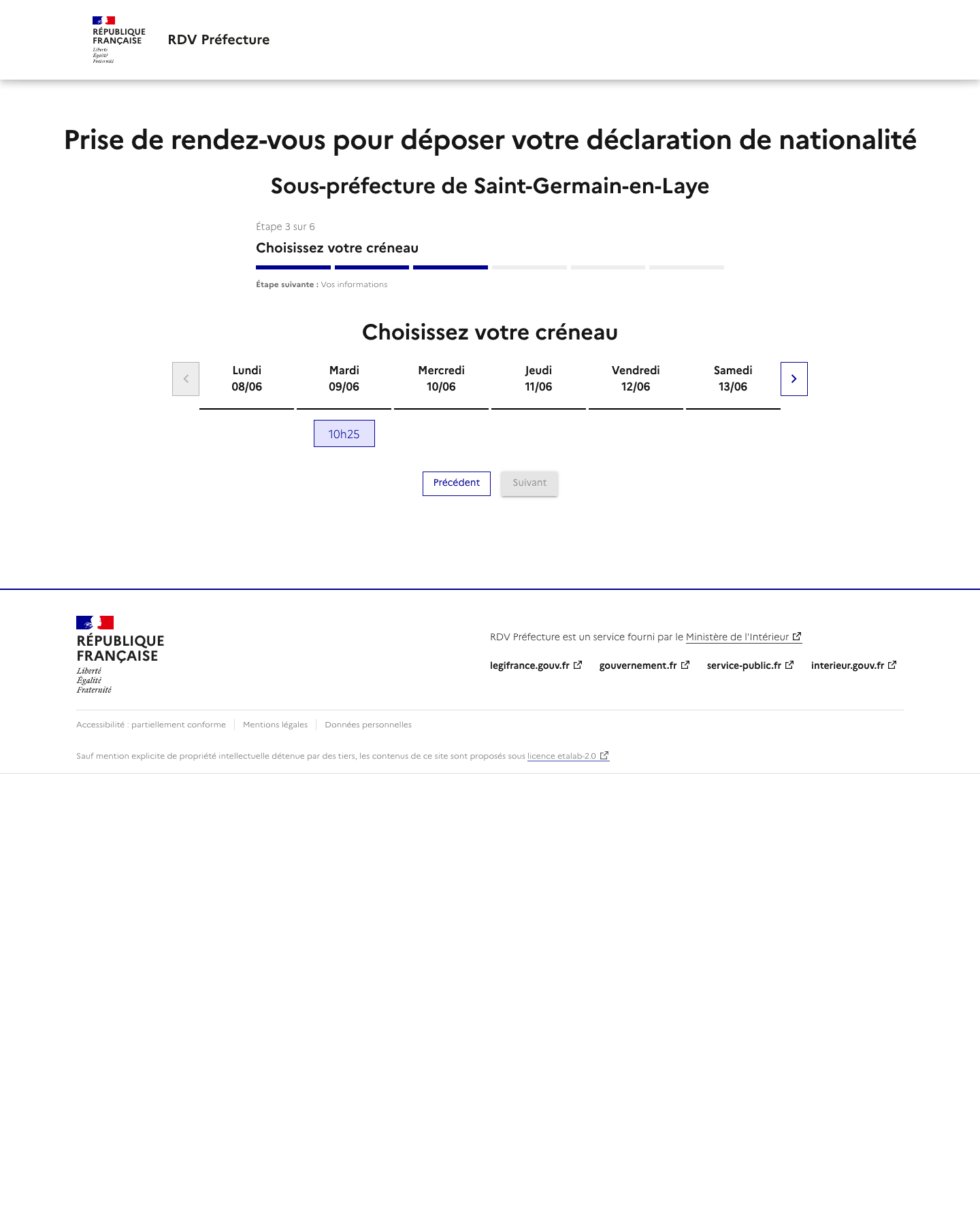 Capture d'écran RDV disponible Prise de rendez-vous pour déposer votre déclaration de nationalité 07/06/2026 19:26