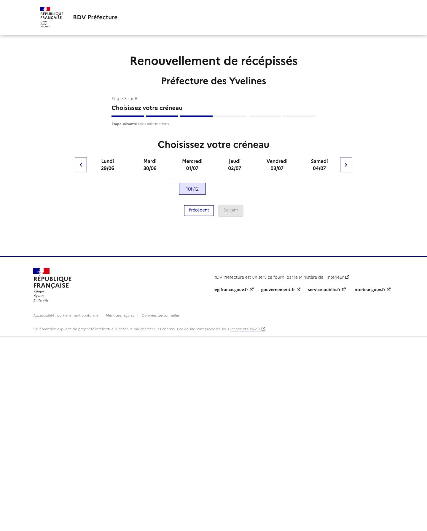 Créneau disponible Renouvellement de récépissés préfecture de Versailles