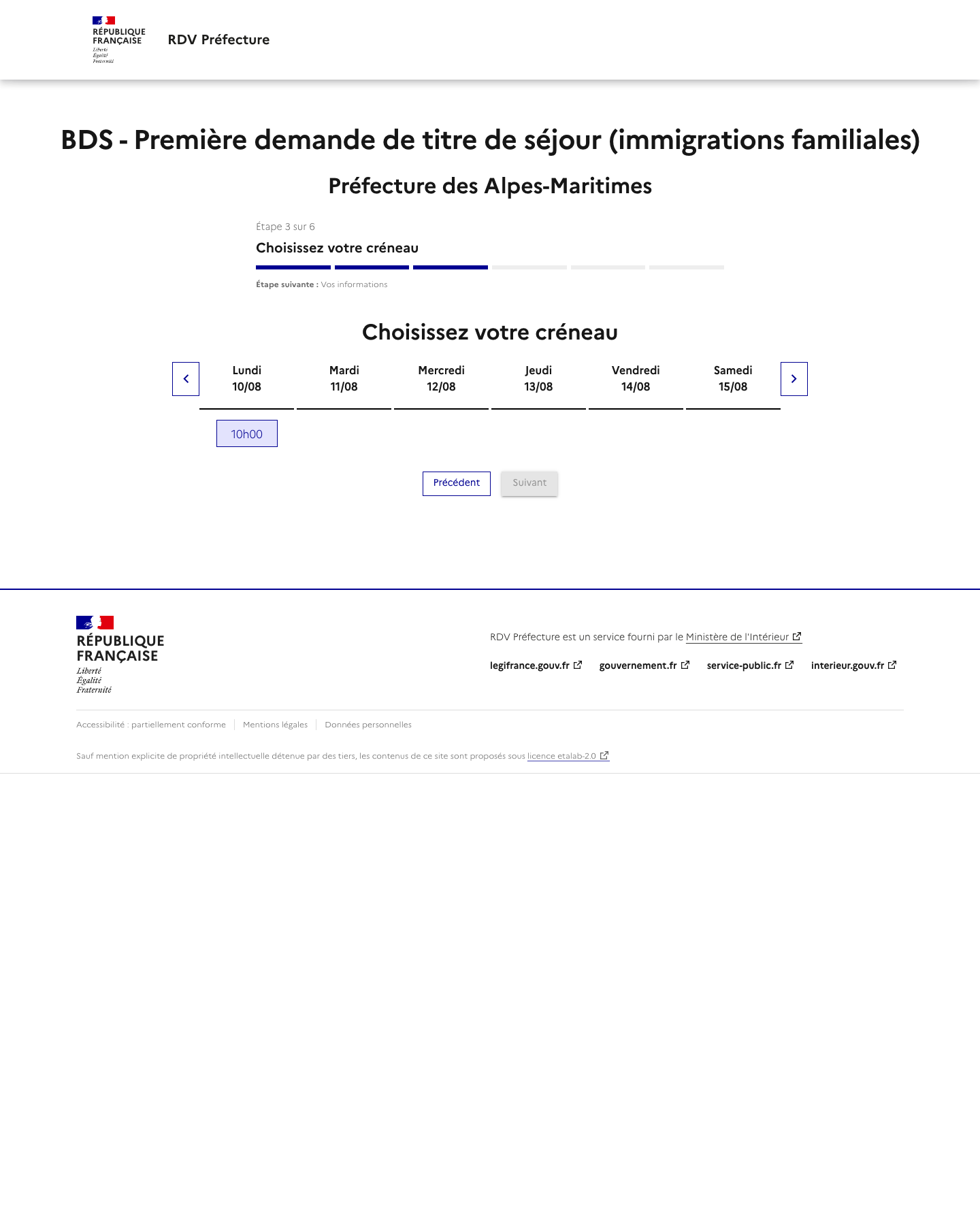 Créneau disponible Première demande d'un titre de séjour préfecture de Alpes Maritimes