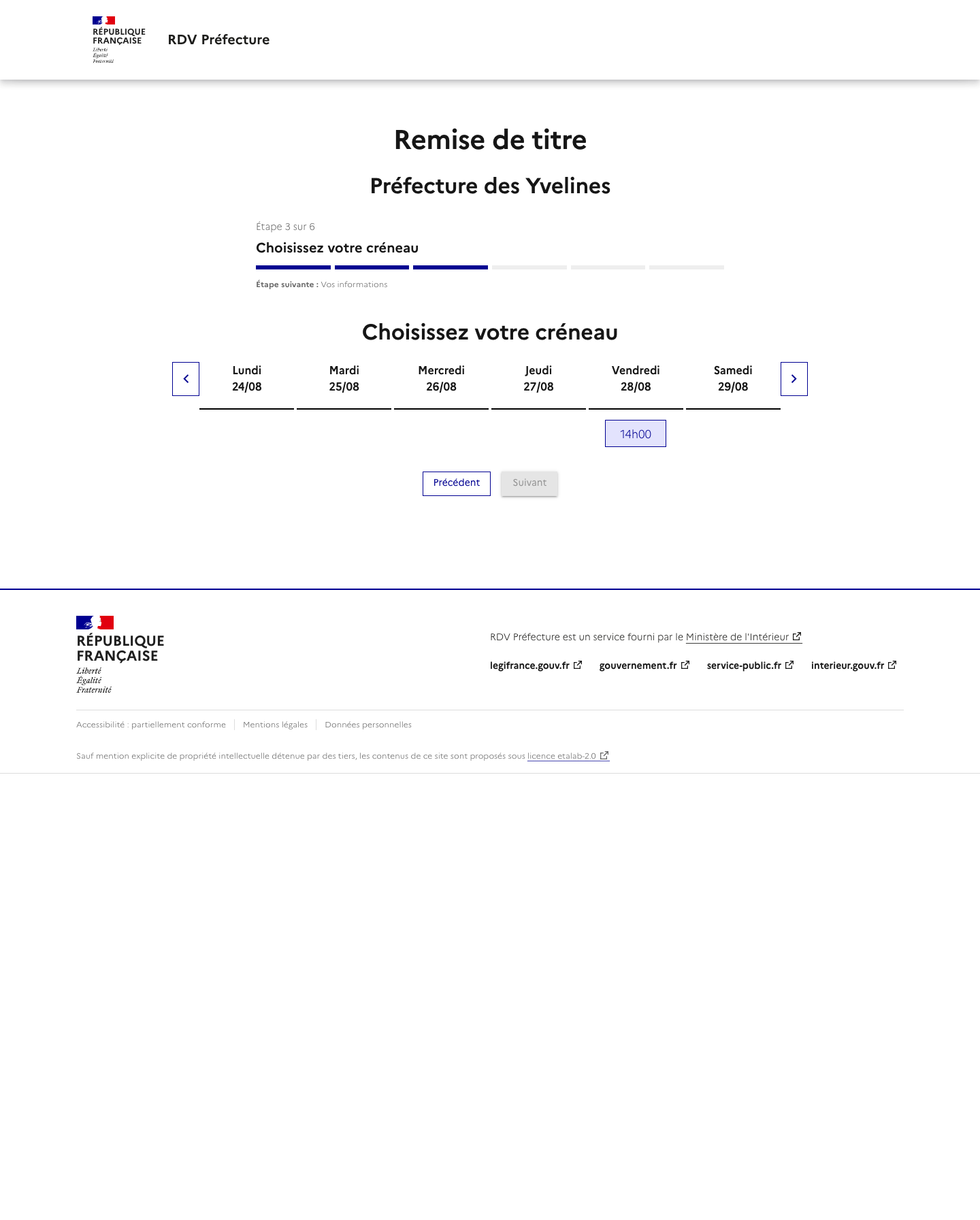 Créneau disponible Prise de rendez-vous - Remise de titres préfecture de Versailles