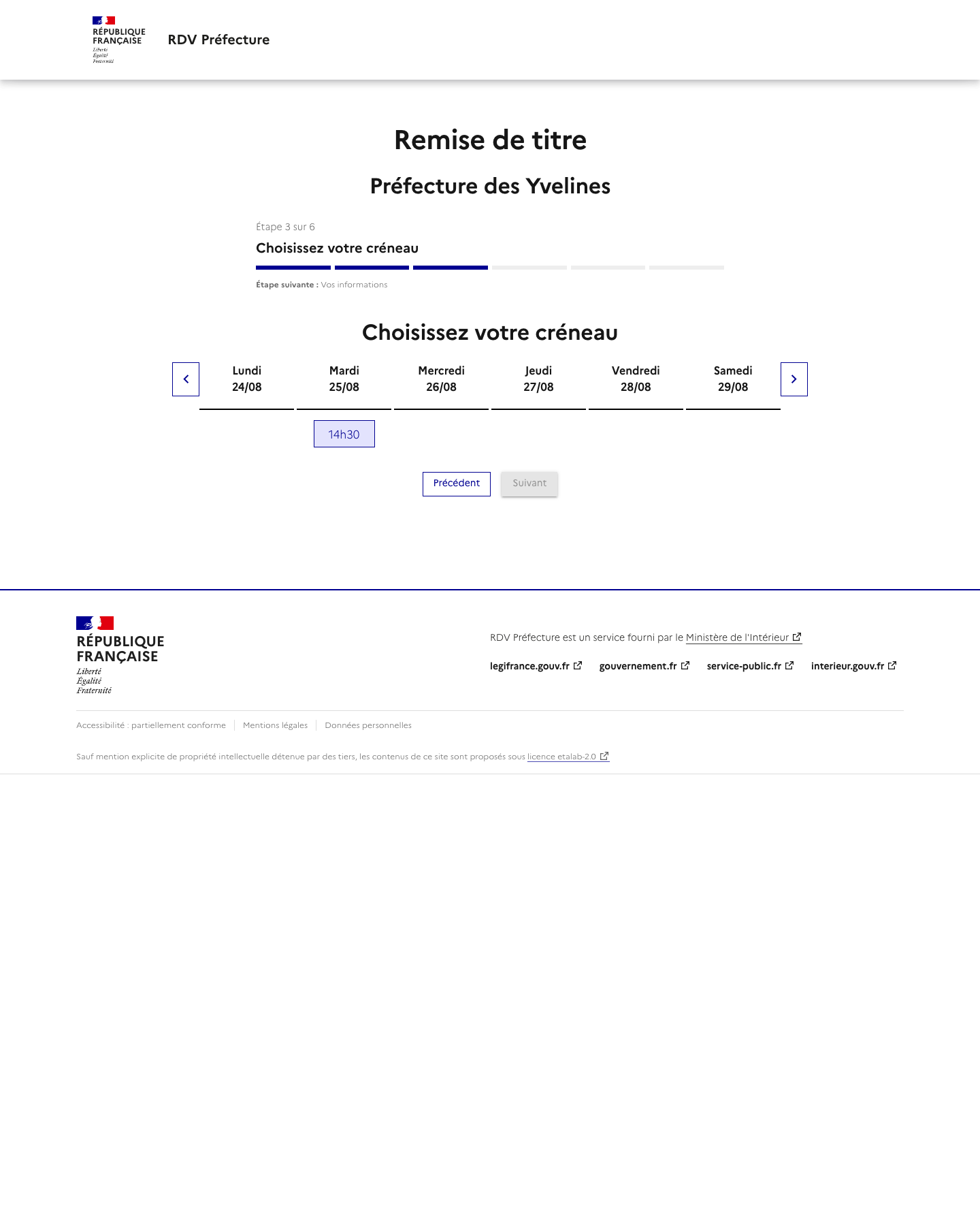 Créneau disponible Prise de rendez-vous - Remise de titres préfecture de Versailles