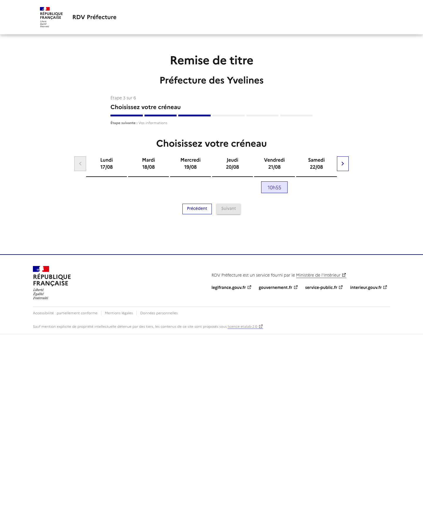 Capture d'écran RDV disponible Prise de rendez-vous - Remise de titres 20/08/2026 13:53