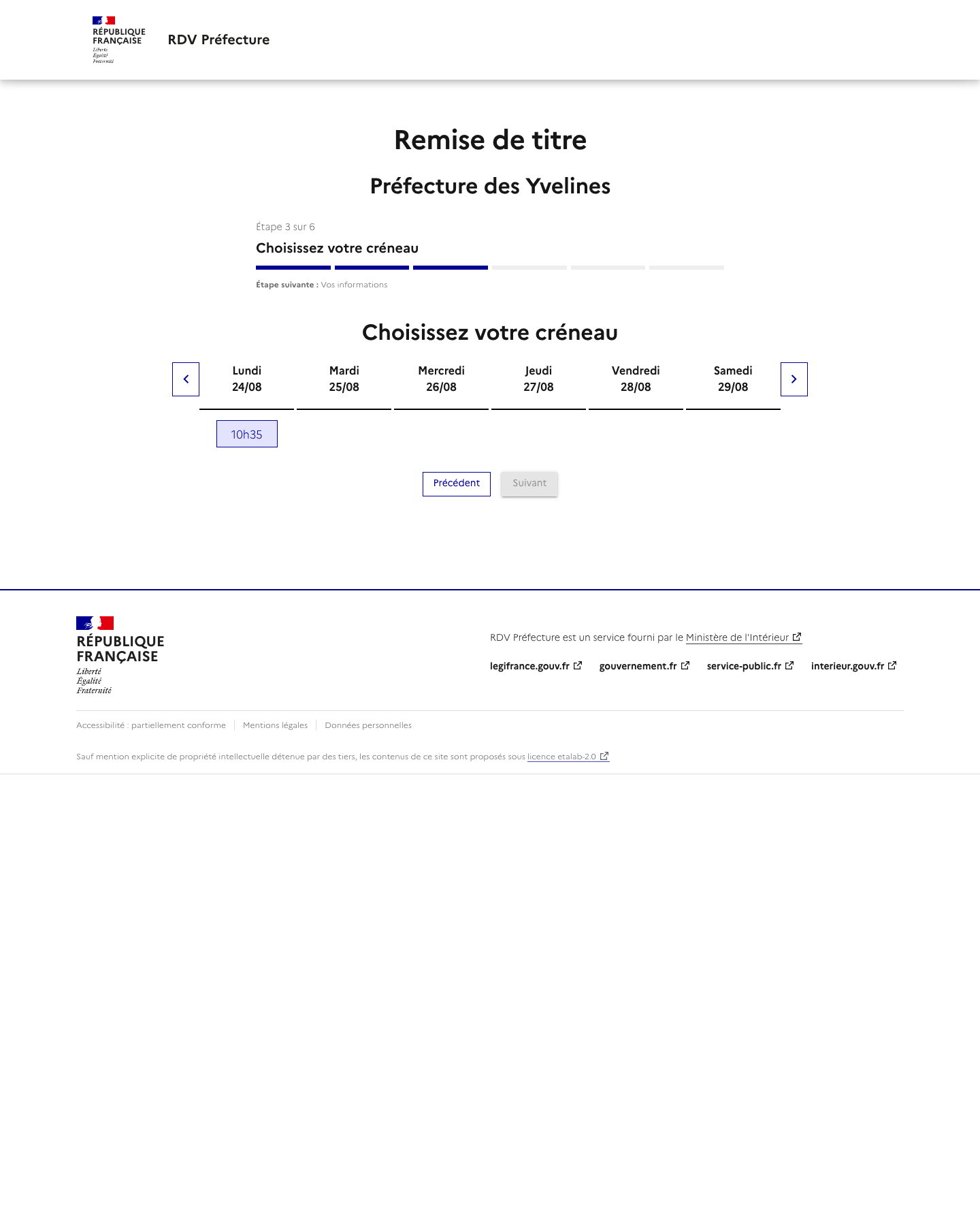 Créneau disponible Prise de rendez-vous - Remise de titres préfecture de Versailles