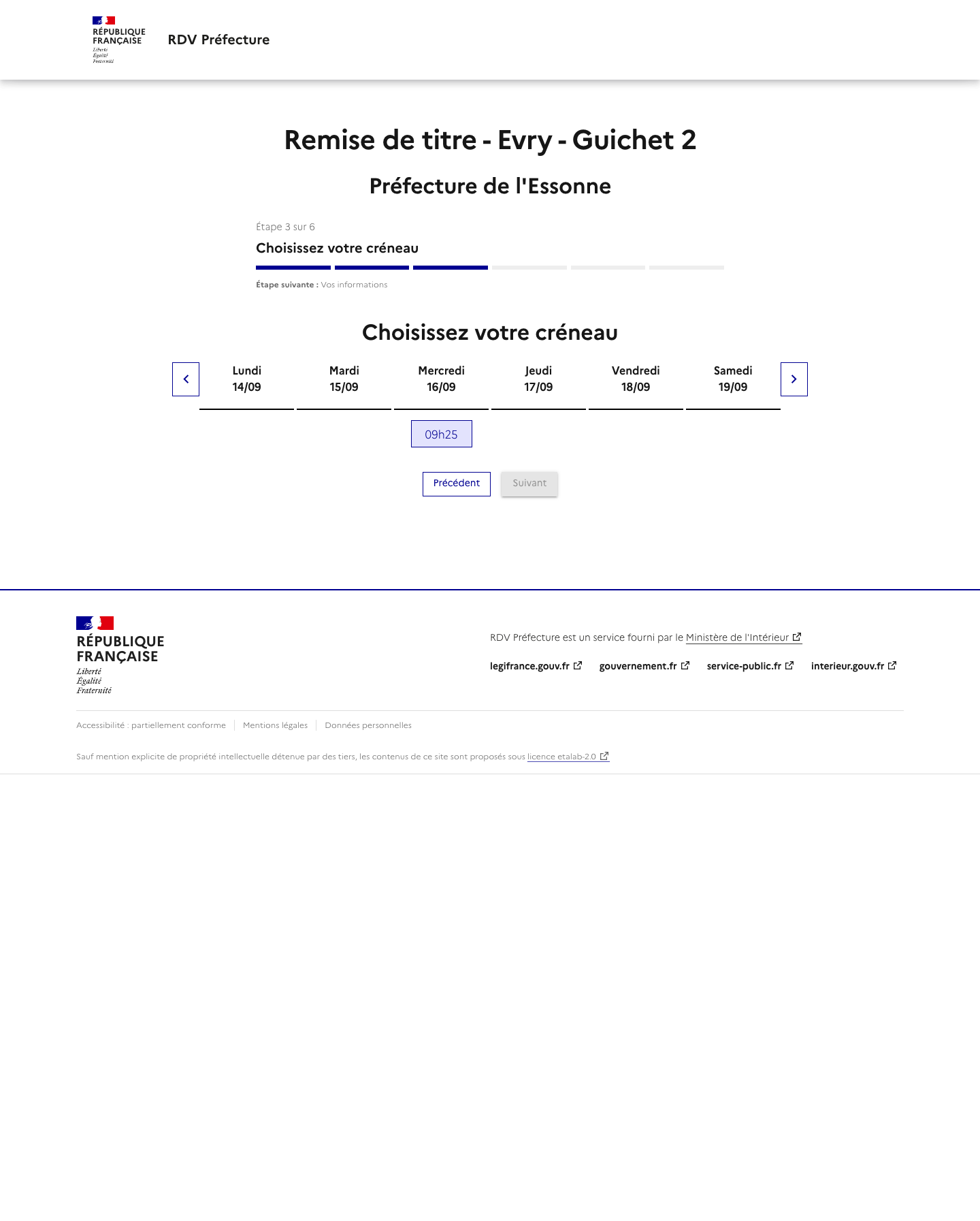 Créneau disponible Remise de titre - Evry - Guichet 2 préfecture de Evry