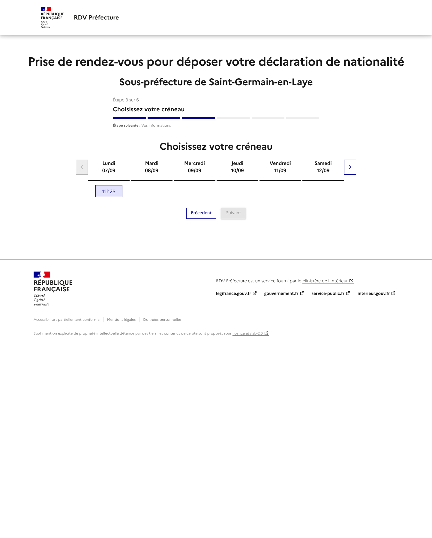 Créneau disponible Prise de rendez-vous pour déposer votre déclaration de nationalité préfecture de Saint-Germain-en-Laye
