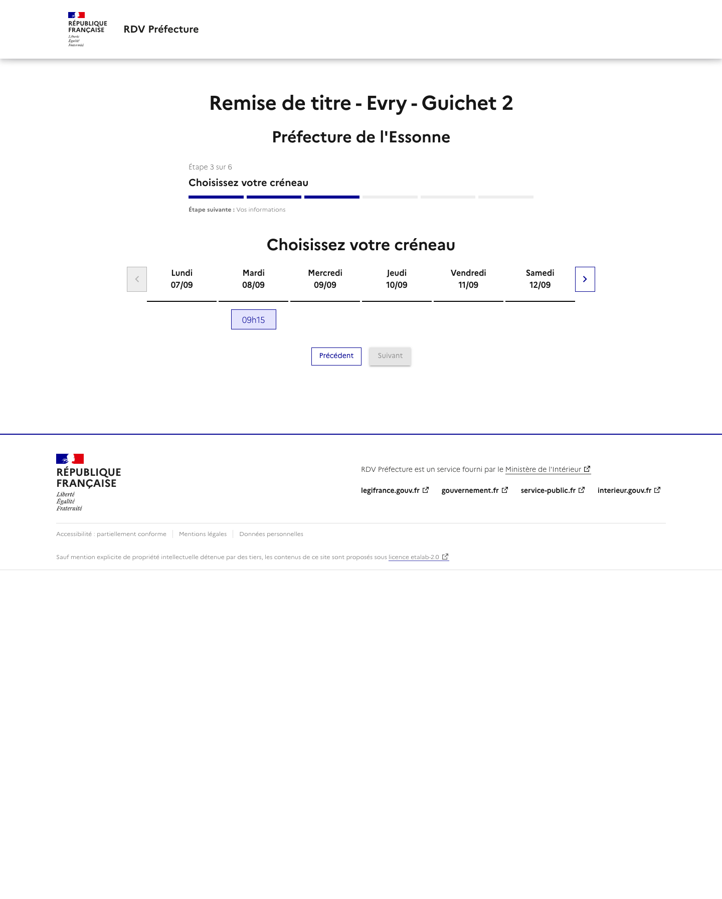 Créneau disponible Remise de titre - Evry - Guichet 2 préfecture de Evry