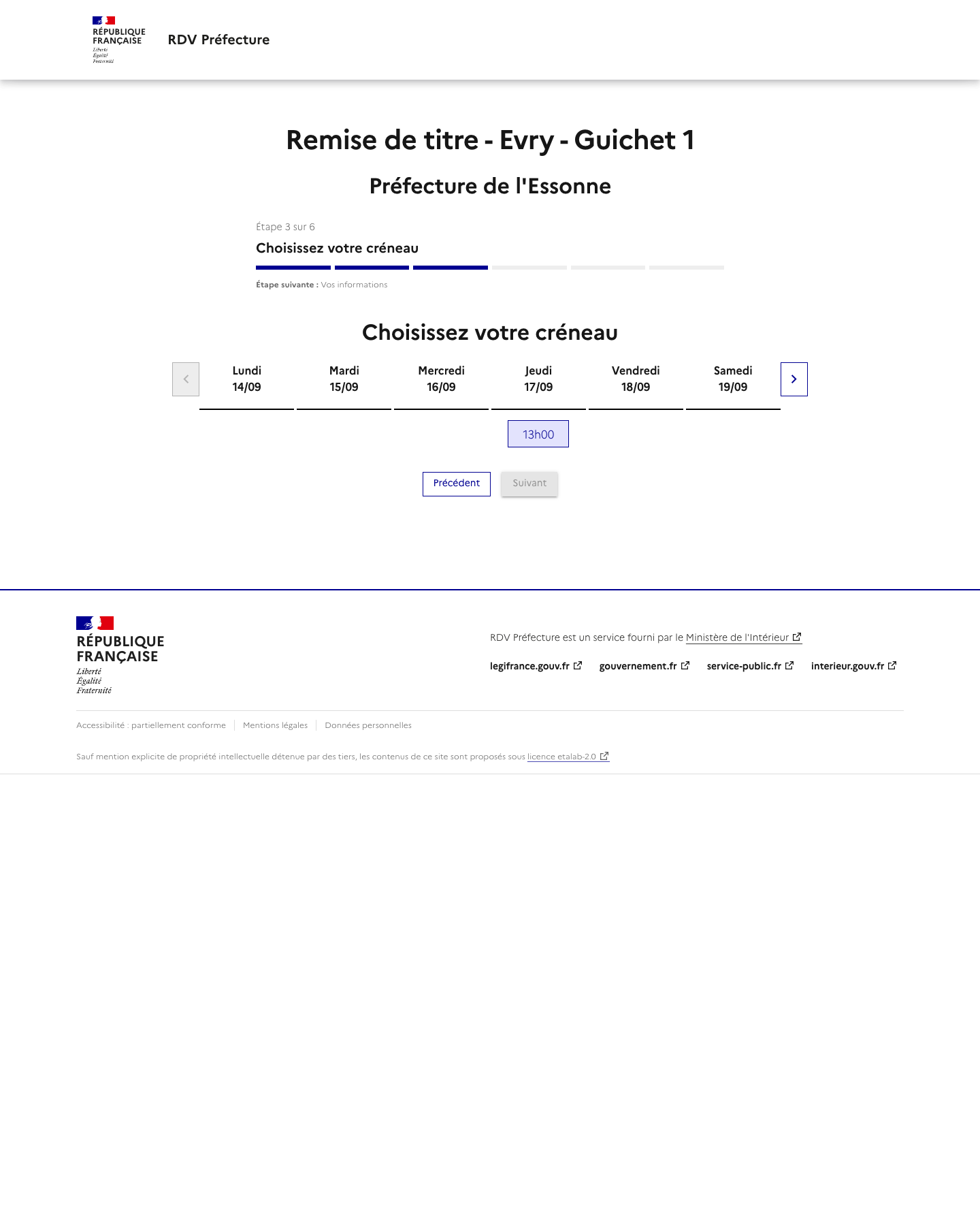 Créneau disponible Remise de titre - Evry - Guichet 1 préfecture de Evry