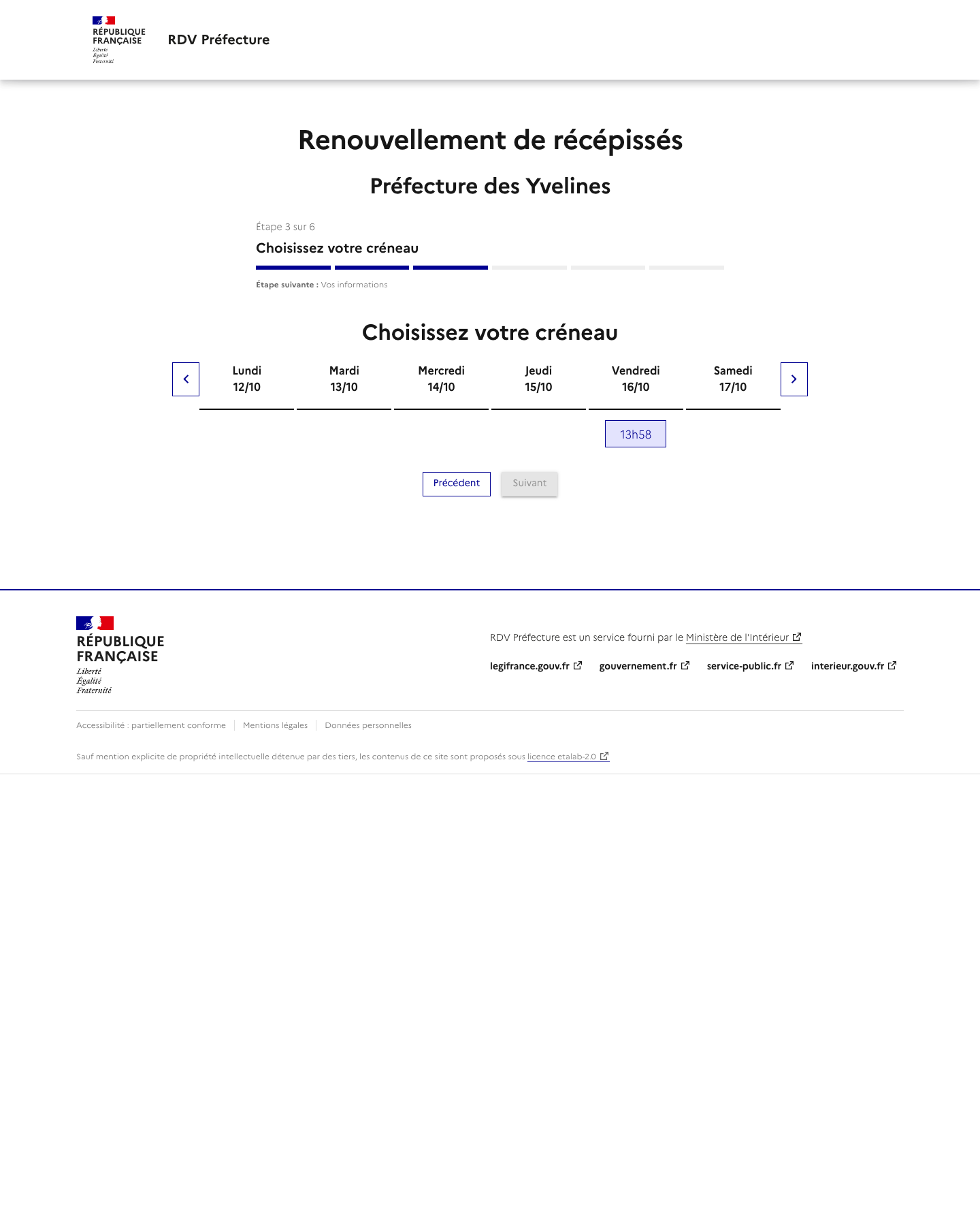 Créneau disponible Renouvellement de récépissés préfecture de Versailles
