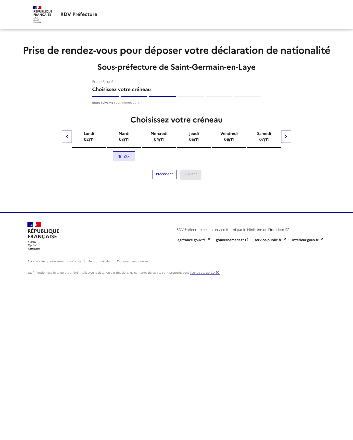 Créneau disponible Prise de rendez-vous pour déposer votre déclaration de nationalité préfecture de Saint-Germain-en-Laye